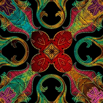 Embroidery floral vector seamless pattern. Baroque ornaments. Colorful grunge Illustrazione stock