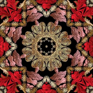 Embroidery floral vector seamless pattern. Baroque ornaments. Colorful grunge Stock Illustration