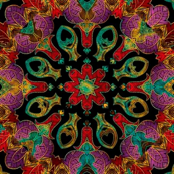 Embroidery floral vector seamless pattern. Baroque ornaments. Colorful grunge Stock Illustration