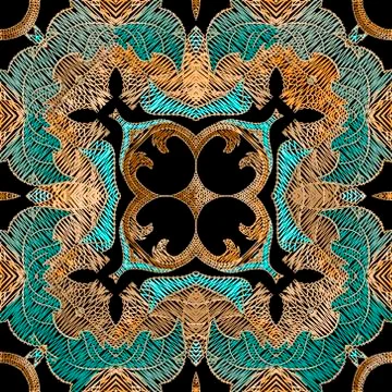 Embroidery floral vector seamless pattern. Baroque ornaments. Colorful grunge イラスト素材