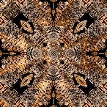 Embroidery floral vector seamless pattern. Baroque ornaments. Gold grunge bac イラスト素材