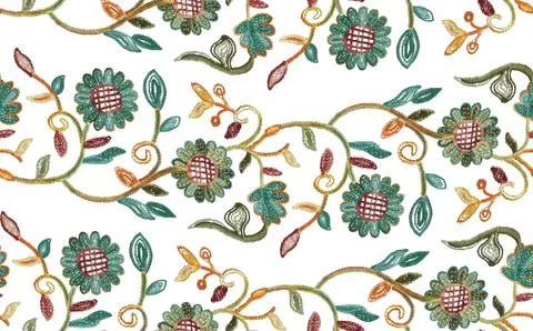 Embroidery flowers. Seamless pattern. Bright embroidered floral print. Design fo Stock Illustration