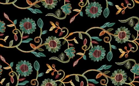 Embroidery flowers. Seamless pattern. Bright embroidered floral print. Design fo Stock Illustration