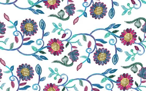 Embroidery flowers. Seamless pattern. Bright embroidered floral print. Design fo Stock Illustration
