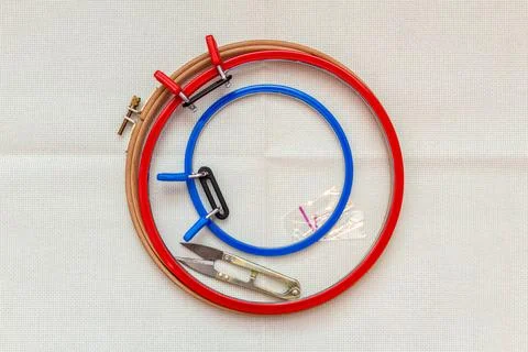 Embroidery frames, embroidery stitching kit with color threads and canvas bac Stock Photos