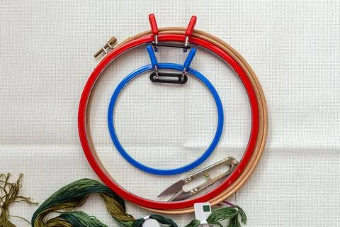 Embroidery frames, embroidery stitching kit with color threads and canvas bac Foto stock