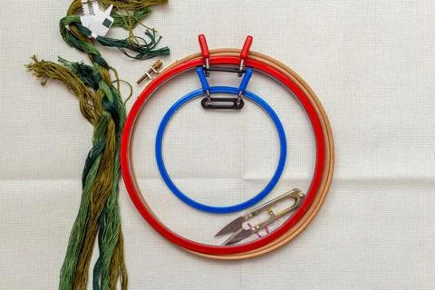 Embroidery frames, embroidery stitching kit with color threads and canvas bac Stock Photos