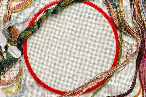 Embroidery frames, embroidery stitching kit with color threads and canvas bac Stock Photos