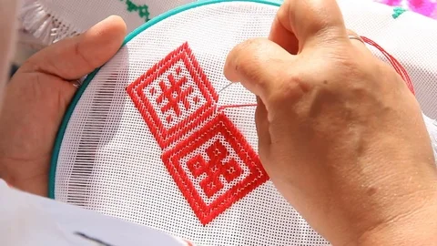 Embroidery geometric ornament red thread Stock Footage 82108977