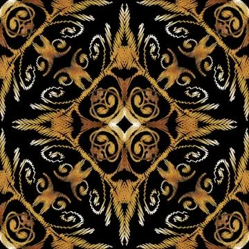 Embroidery gold vector seamless pattern. Colorful floral grunge Stock Illustration