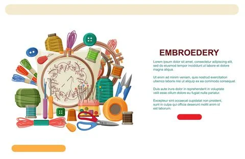 Embroidery hoops, threads and needles. Embroidery web banner template or landing Stock Illustration