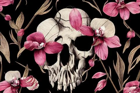 Embroidery human skull and pink orchid flowers, Halloween pattern Stock Illustration