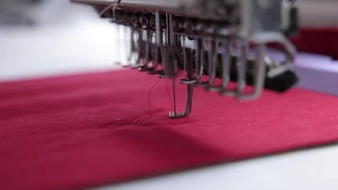 Embroidery Machine Needles Stitching Red Textile Fabric Stock Footage 340381828