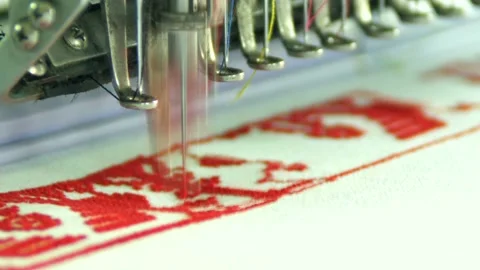 Embroidery machine in progress embroidery Ukrainian national traditional pattern Stock Footage 218944240