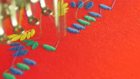 Embroidery machine in progress embroidery Ukrainian national traditional pattern Stock Footage 218948492