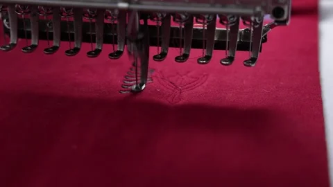Embroidery Machine Stitching Albanian Flag on Red Fabric Stock Footage 340381785