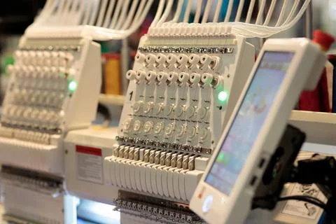 Embroidery machine with touch screen control panel Stock Photos