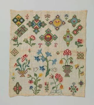 Embroidery patch of linen canvas on which with silk in rococo or bundle st... Fotos de archivo