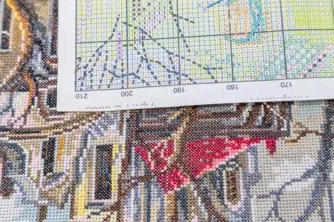 Embroidery prosees on the table with coloful threads Foto stock