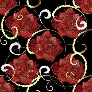 Embroidery red roses seamless pattern. Vector embroidered flower Stock Illustration
