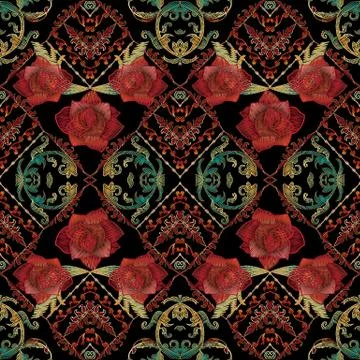 Embroidery roses seamless pattern. Baroque background. Stock Illustration