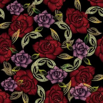 Embroidery roses seamless pattern. Vector floral ornate background. Tapestry  스톡 일러스트