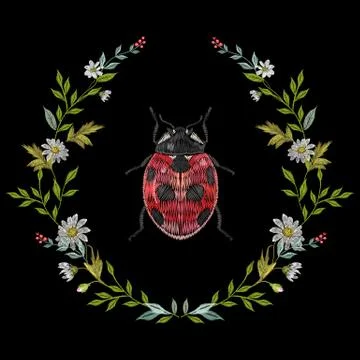 Embroidery round floral pattern with chamomiles and ladybug. Illustrazione stock