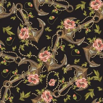 Embroidery sailor seamless pattern with roses and anchors. Illustrazione stock