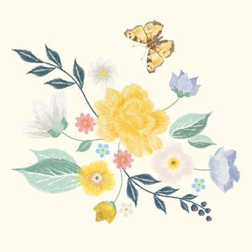 Embroidery simplified floral pattern with butterfly and flowers Stock Illustration