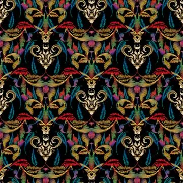 Embroidery style baroque vector seamless pattern. Colorful tapestry floral ba 스톡 일러스트