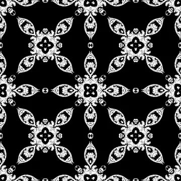Embroidery textured vector seamless pattern. Black and white floral grunge Stock Illustration
