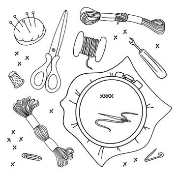 EMBROIDERY TOOLS Vector Illustration Set for sewing and embroidery Stock Illustration