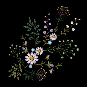 Embroidery trend floral pattern small branches herb daisy with little blue vi 스톡 일러스트