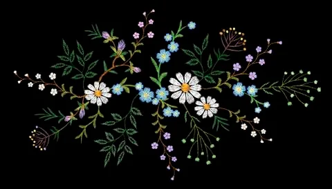 Embroidery trend floral pattern small branches herb daisy with little blue vi 스톡 일러스트