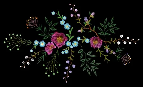 Embroidery trend floral pattern small branches herb rose with little blue vio Stock Illustration
