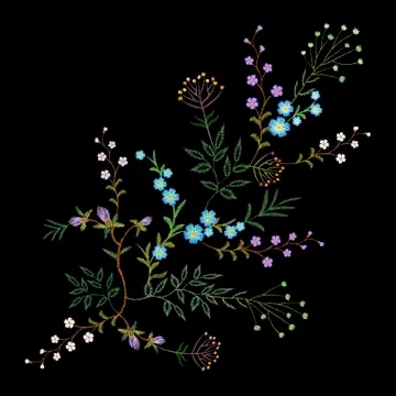 Embroidery trend floral pattern small branches herb leaf with little blue vio 스톡 일러스트