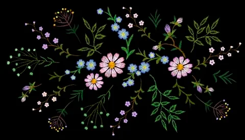 Embroidery trend floral pattern small branches herb daisy with little blue 스톡 일러스트
