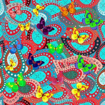 Embroidery trend floral seamless pattern with exotic butterflies. Simple cute pa Illustrazione stock