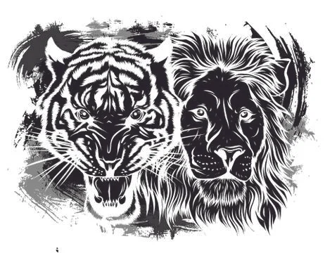 Embroidery vector colorful pattern set with lion, japanese tiger, leopard. Illustrazione stock