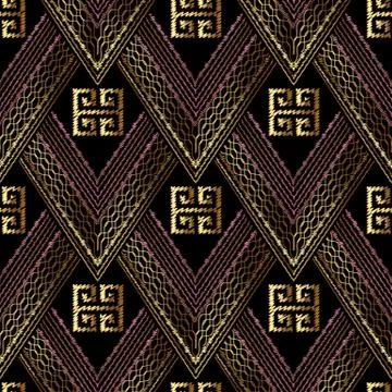 Embroidery vector meander seamless pattern. Tapestry geometric background wal Stock Illustration