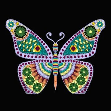 Embroidery Vector pattern with butterfly on black background Stock Illustration