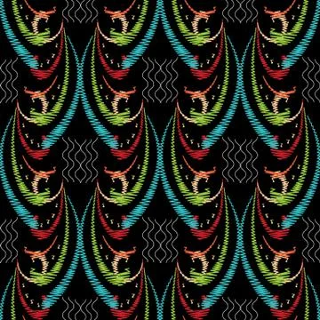 Embroidery vector seamless pattern. Colorful tapestry hand drawn flowers, swi 스톡 일러스트