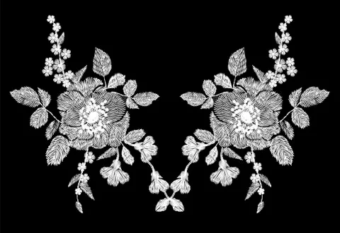 Embroidery white floral pattern with poppy and daisy flowers. Vector traditional Stock Illustration