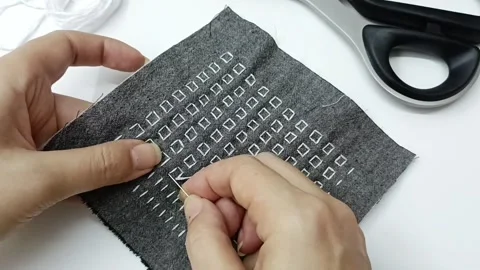 Embroidery workspace with scissors and ruler top view Video stock 330050583