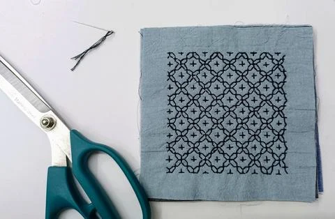 Embroidery Workspace with Textile Sample.  Stock Photos