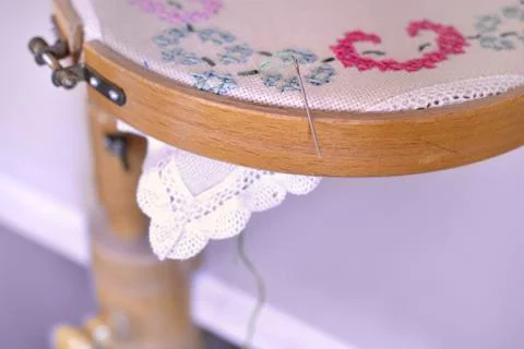 Embroidery yarn handwork sewing thread hoop needle Stock Photos