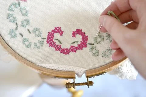 Embroidery yarn handwork sewing thread hoop needle Stock Photos