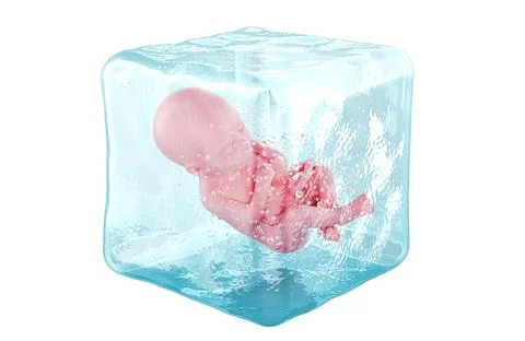 Embryo in ice cube, IVF cryopreservation concept. 3d rendering Stock Illustration