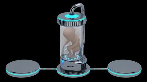 Embryo in sci-fi flask and two callouts isolated on black Stock Illustration