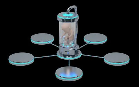 Embryo in sci-fi flask and five callouts isolated on black Illustrazione stock